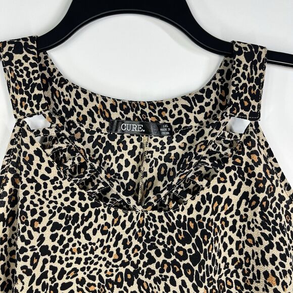 Cure 1XL Tank Top Blouse Brown Animal Print Sleeveless Cut Out Round Neckline - Picture 4 of 7